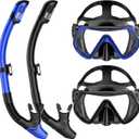 Snorkeling Gear for Adults, Adult Snorkel Mask Set Scuba Diving Dry-Top, Swimming Goggles w/Nose Cover, HD Tempered Glass Panoramic Anti-Leak Anti-Fog, Travel Snorkeling Packages, 2 Pack (Black+Blue)