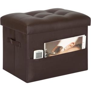 Storage Ottoman Foot Rest Stool, Foldable Leather Footstool Storage Bench with Thicker Foam Padded Seat. Foot Rest Under Desk for Living Room Bedroom 350 lbs, 17x13x13 in, Brown