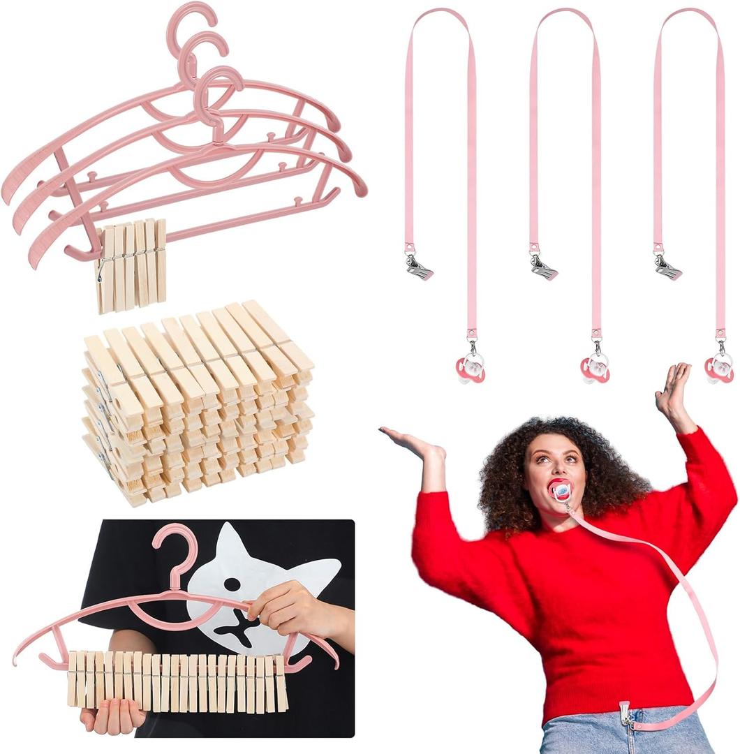 Threehoney 6 Sets Baby Shower Games Pacifiers Necklace and One Handed Wooden Clamp Hanger Game Bridal Shower for Gender Reveal Party Favors Funny Activities Parties(Pink)