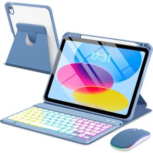 EAMPANG Case with Keyboard Mouse for iPad A16 11th 10th Generation 11/10.9 inch,Rainbow Backlit Detachable Keypad Rotatable Magnetic Cover with Pencil Holder for iPad 11 2025 10 Gen 2022 Blue