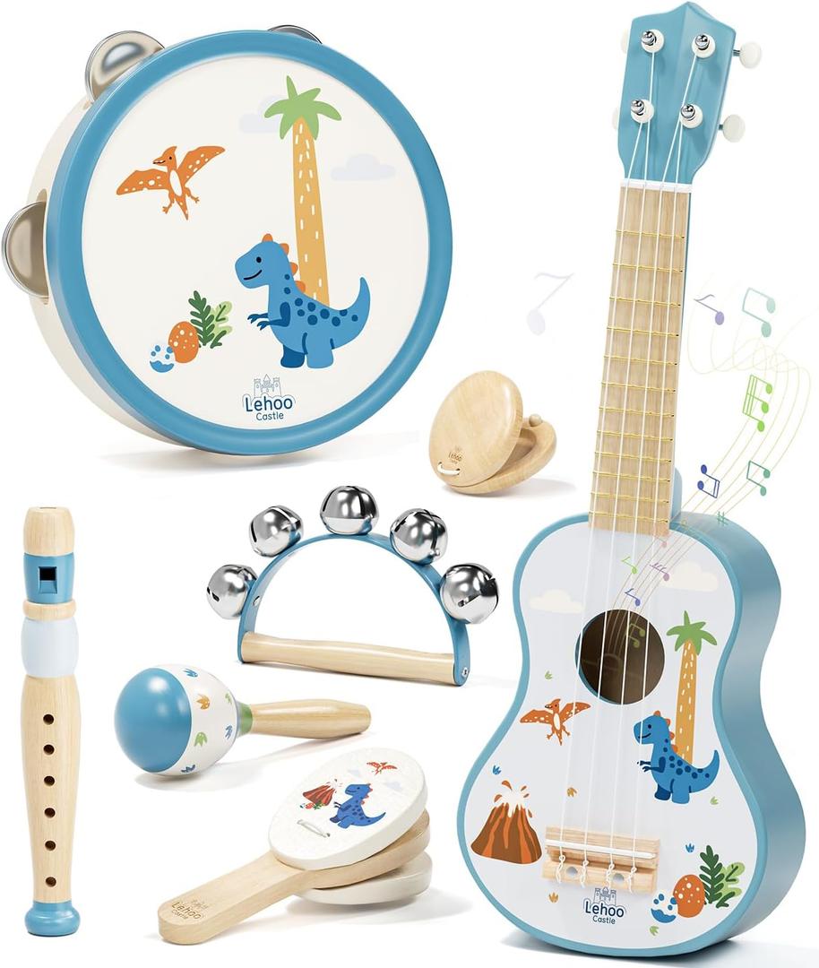 Lehoo Castle Kids Guitar Set, Dinosaur Guitar for Toddlers 1-3, Wooden Montessori Musical Instruments 7 in 1 with Ukulele/Tambourine/Maracas/Flute, Mini Band Set Birthday Gift for Boys Girls