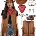 Cowgirl Costume for Women Retro Fringe Vest Cowboy Outfits Hat Earrings Waist Chain Western Costume (Small, Brown)