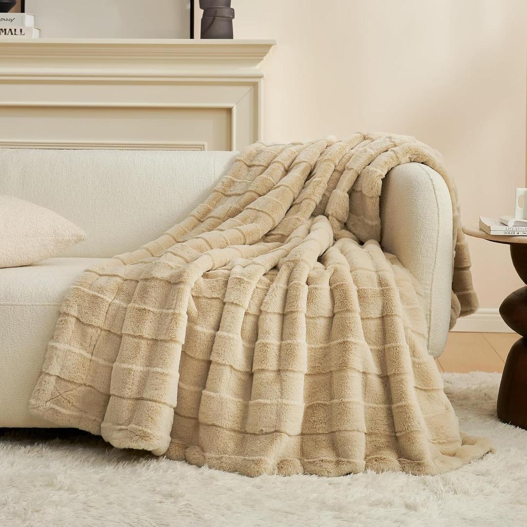 Cozy Bliss Fluffy Faux Fur Throw Blanket for Couch,Lightweight Cozy Soft Beige Throw Blankets for Sofa Bed Living Room,50x60 Inches (Throw(50" x 60"))