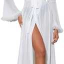OYOANGLE Women's Ruffle Trim Long Sleeve Belted Sheer Mesh Wedding Bride Robe Nightgown Size S