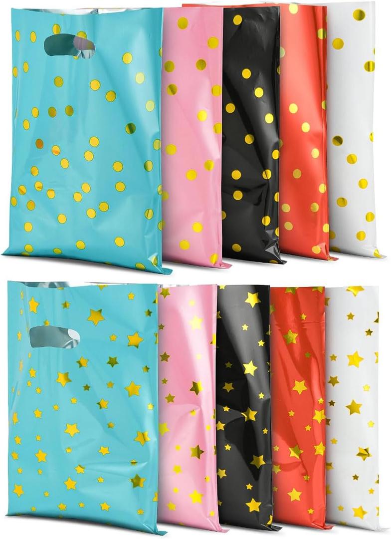 NEOWEMING 100Pack Party Favor Bag, (6.69 x 9.84 Inches) 5 Color, 2 Pattern Style Goodie Bags, Small Gift Bags, Bulk Goody Gift Bag for Kids Girls Boys Happy Birthday Party/Baby Shower/Wedding/Christmas/New Years Gift Bag