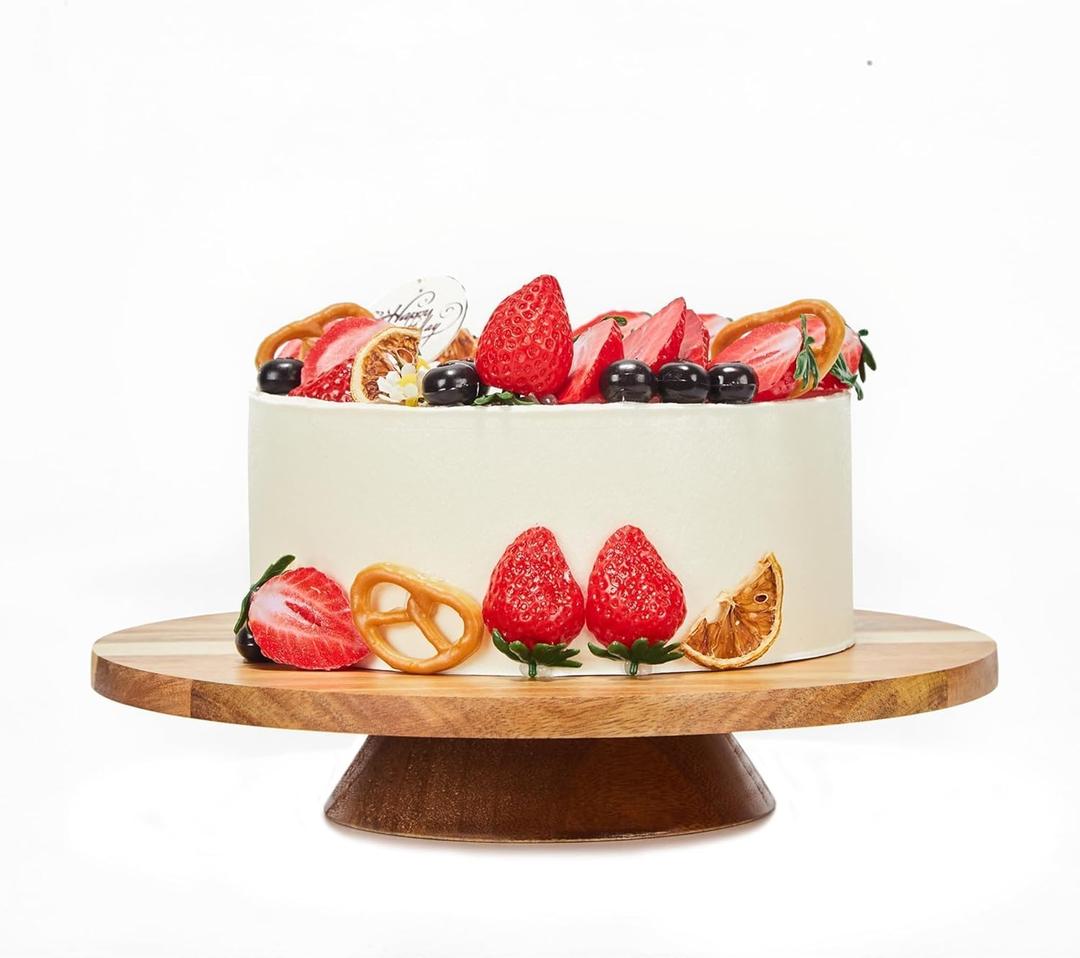 12" Acacia Wood Revolving Cake Stand, 2" High Rotating Cake Turntable, Wooden Rotating Display Stand for Cake, Cupcake Decorating Supplies
