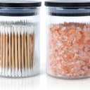 BKYFPQ 2 Pack Ribbed Glass Qtip Holder Dispenser Set - Apothecary Jars with Lids - Bathroom Canister Storage Organizer and Vanity Makeup Organizer for Cotton Ball, Cotton Swab, Cotton Round Pads,Floss
