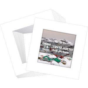 AUEAR Pack of 15 Pre-Cut Acid-Free 12x12 White Picture Mats with White Core Bevel Cut for 8x8 Photos/Prints