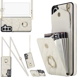 Asuwish Phone Case for Samsung Galaxy S26 Plus S26+ 5G Wallet Cell Cover with Tempered Glass Screen Protector Wrist Strap Ring RFID Blocking Card Holder S26Plus 26S + S 26 26+ Women Girls Off White