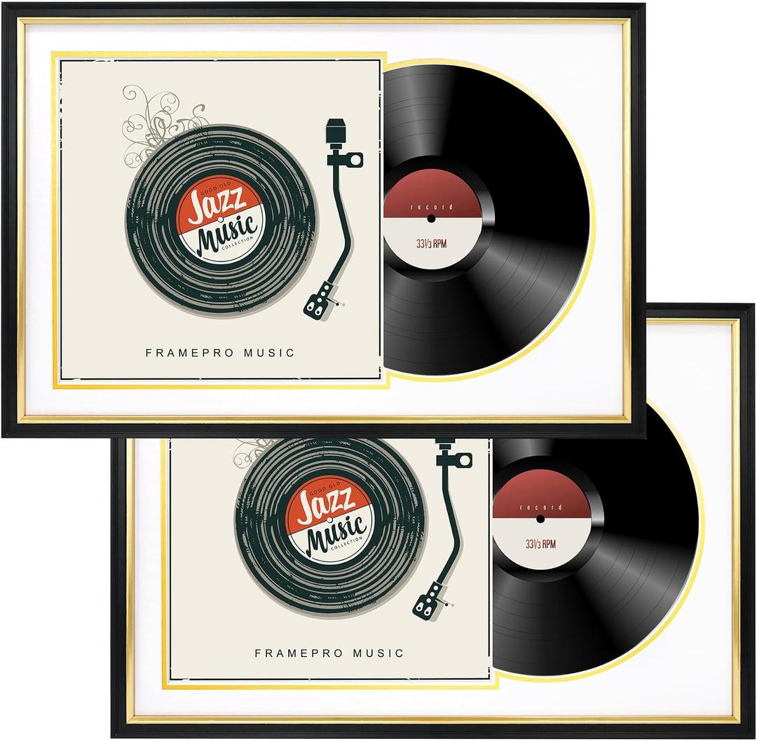 FramePro Record Frame with 2 Double Sided Mats (White over Gold), Jukebox Record Album Frames for 12x12 LP Covers, Vinyl Record Display, Black Picture Frame with Gold Trim, Pack of 2