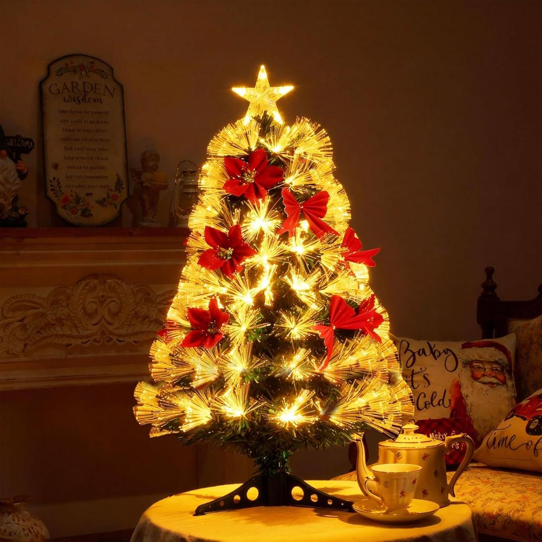 Joyhalo 3 FT Fiber Optic Mini Christmas Tree, Pre Lit Christmas Tree, Table Top Small Christmas Trees with Star Tree TopperFlowers, Bows, Metal Stand