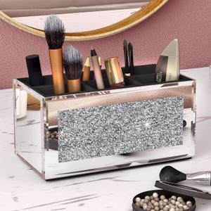 SHYFOY Makeup Brush Holder Organizer with Crushed Diamond 6 Slot Mirrored Make up Cosmetics Organizers and Storage for Vanity Countertop (Silver)