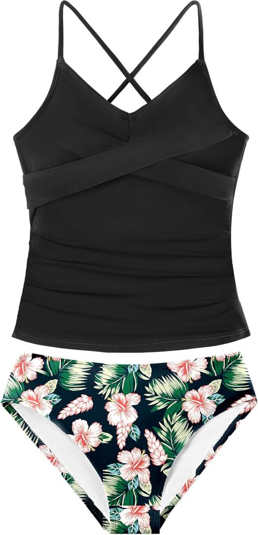 Girls Swimsuit Tankini Criss Cross Ruched 2 Piece Bathing Suit Printed Girl Swimwear for Teens 9-16Y (11-12 Years, Black)