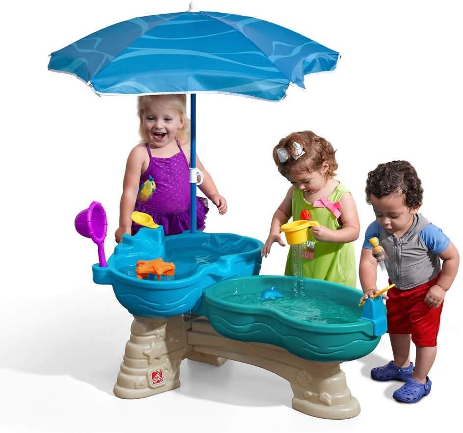 Step 2 Spill & Splash Seaway Water Table for Kids, Two-Tier Outdoor Kids Water Sensory Table with Umbrella, Ages 1.5+ Years Old, 11 Piece Water Toy Accessories, Small Pack
