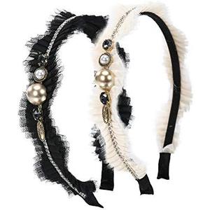 Sluxa Headbands for Women's Hair, Fashion Women Hair Accessories, Jeweled Beaded Black White Lace Headbands for Women