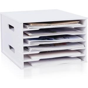 Juexica 6 Tier 8.5" x 11" Scrapbook Paper Organizer, White Cardstock File Organizer with Adjustable Shelves, Stackable Paper Trays, Desktop Storage Rack Document Holder for Desk Home Office