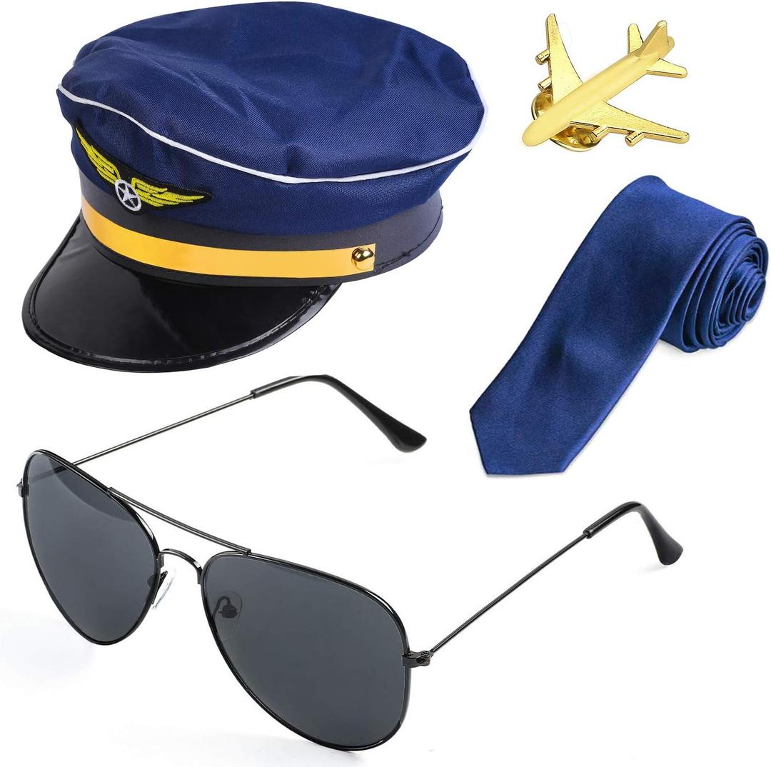 Beelittle Airline Pilot Captain Costume Kit Pilot Dress up Accessory Set with Aviator Sunglasses (Navy1)