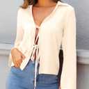 Womens Satin Blouses Going Out Tie Front Tops Sexy Deep V Neck Collared Long Sleeve Shirts (Small, Beige)