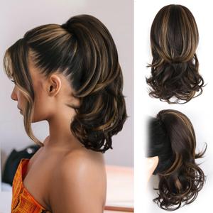 Clip on Ponytails for Women - 14 Inch Curly Ponytail Extension, Wavy Pony Tails Hair Extensions, Synthetic Hair Extensions Ponytail, Clip in Ponytail (Color: Dark Brown with Honey Blonde Highlights)