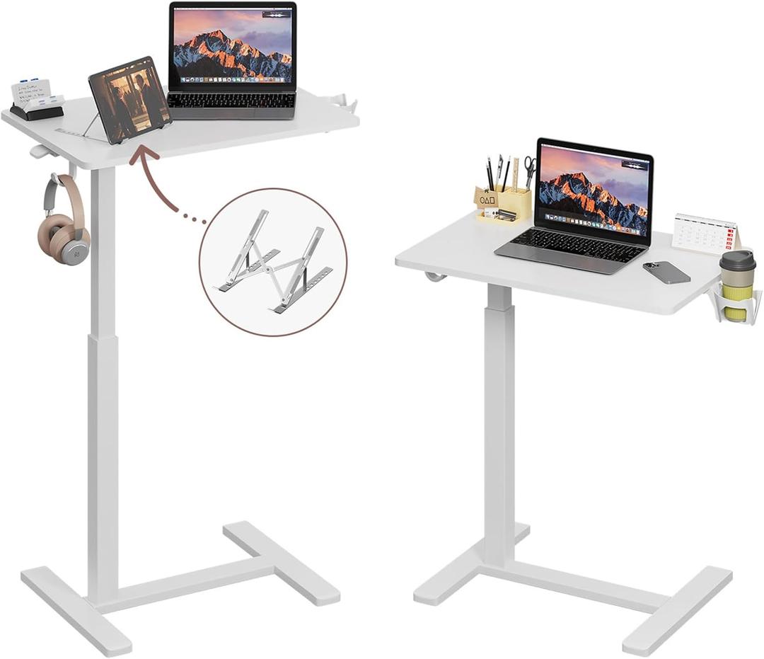 Gas Spring Adjustable Height Rolling Portable Laptop Desk, Mobile Standing Desk on Wheels, Small Sit Stand Desk with Laptop Stand/Cup Holder/Hook (White, 26"x19") (26"x19", White)