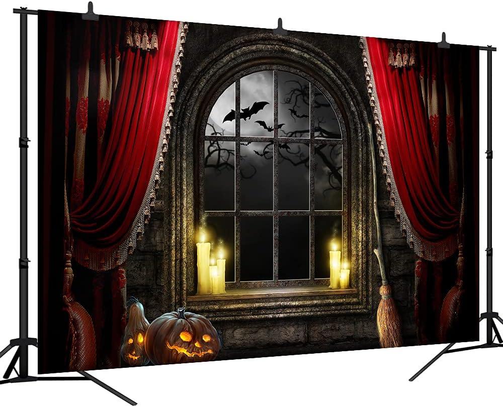Halloween Photography Backdrop Red Curtain Pumpkin Bat in Scary Night Party Decoration Portrait Background Vinyl Photo Studio Booth Props PGT647B 9x6ft
