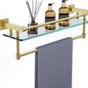 Bathroom Glass Shelf with Towel Rack Organizer Wall-Mounted Bathroom Storage SUS304 Stainless Steel Track Wall-Mounted Tempered Glass Stainless Steel Shelf (Brushed Gold, 20-inch)