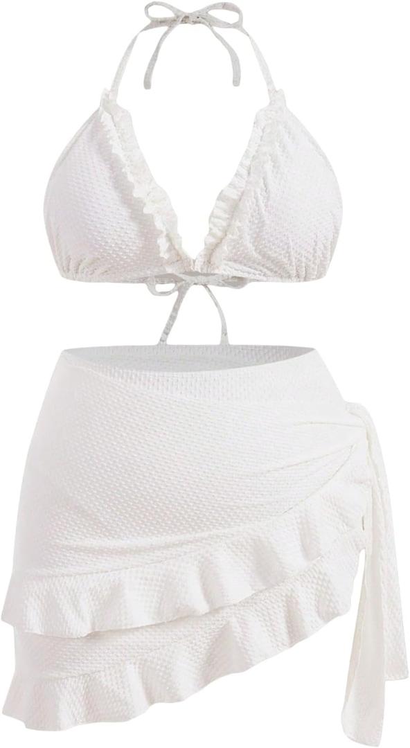 Women's 3 Piece Plus Size Lettuce Trim Bikini Halter Tie Side Triangle Set with Beach Skirt High Cut Bikini Swimsuit (X-Large Plus, White)