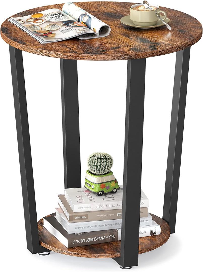 VASAGLE Round Side End Table, 2-Tier Accent Bedside Table with Storage Shelf, Easy Assembly, Nightstand for Small Spaces, Living Room, Bedroom, Rustic Brown and Ink Black ULET57X, 19.7"dia. X 22.4"h