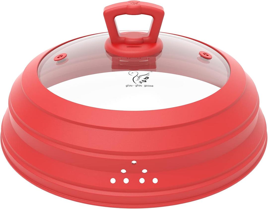 Microwave Splatter Cover Vented Glass Splatter Guard Lid with Collapsible Silicone for Food as Pot Cover 11.8 inch Large Plate for 6 7 8 9 10 11 inch Plate Bowl (Red)