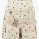 Hidds School Backpack for Teens Girls Women 15.6 Inch Laptop College Backpacks Corduroy Work Bag Kids Elementary Middle High Campus Bookbag Students Pack Travel Daypack Womens - Beige Strawberries