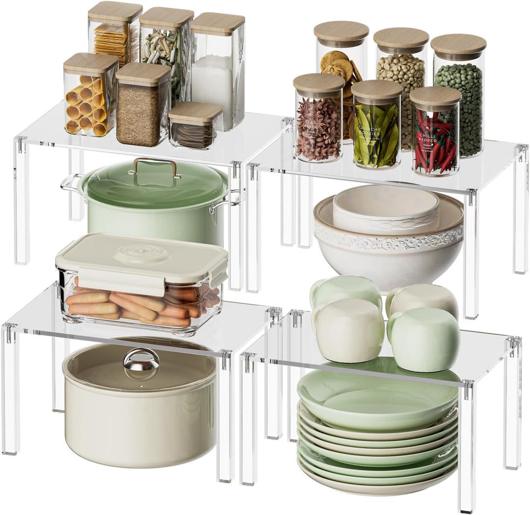 YUNEASELF Clear Cabinet Organizer: Acrylic Shelf Riser Set of 4 for Kitchen Pantry Organizers and Storage - Countertop Spice Rack for Cabinet - Stackable Display Shelf Decor for Gift