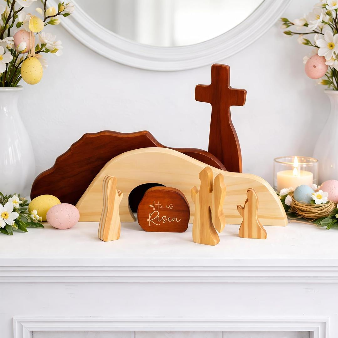 Easter Decorations for Home, He is Risen Decor, Empty Tomb Resurrection Scene Wooden Display, 7 Piece Set Christian Easter Gift for Men Women Kid, Faith-Based Religious Tabletop Decor