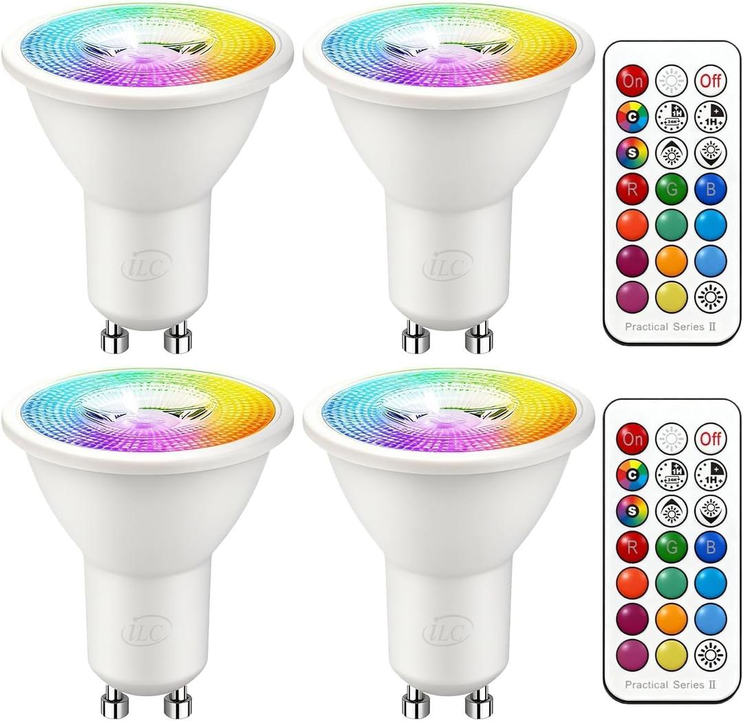 ILC GU10 LED Light Bulb, 40 Watt Equivalent Color Changing 12 Colors 5W Dimmable Warm White 2700K RGB LED Light Bulbs with Remote Control (Pack of 4)
