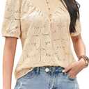 Summer Womens Tops Floral Lace Embroidered Blouses Ruffled Stand Collar Shirts Casual Short Sleeve Clothes Trendy (XL)