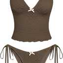 ZAFUL Tankini Swimsuits for Women Lace Jacquard Bowknot Decor Tummy Control High Cut Tanga Tankini Set (Small)