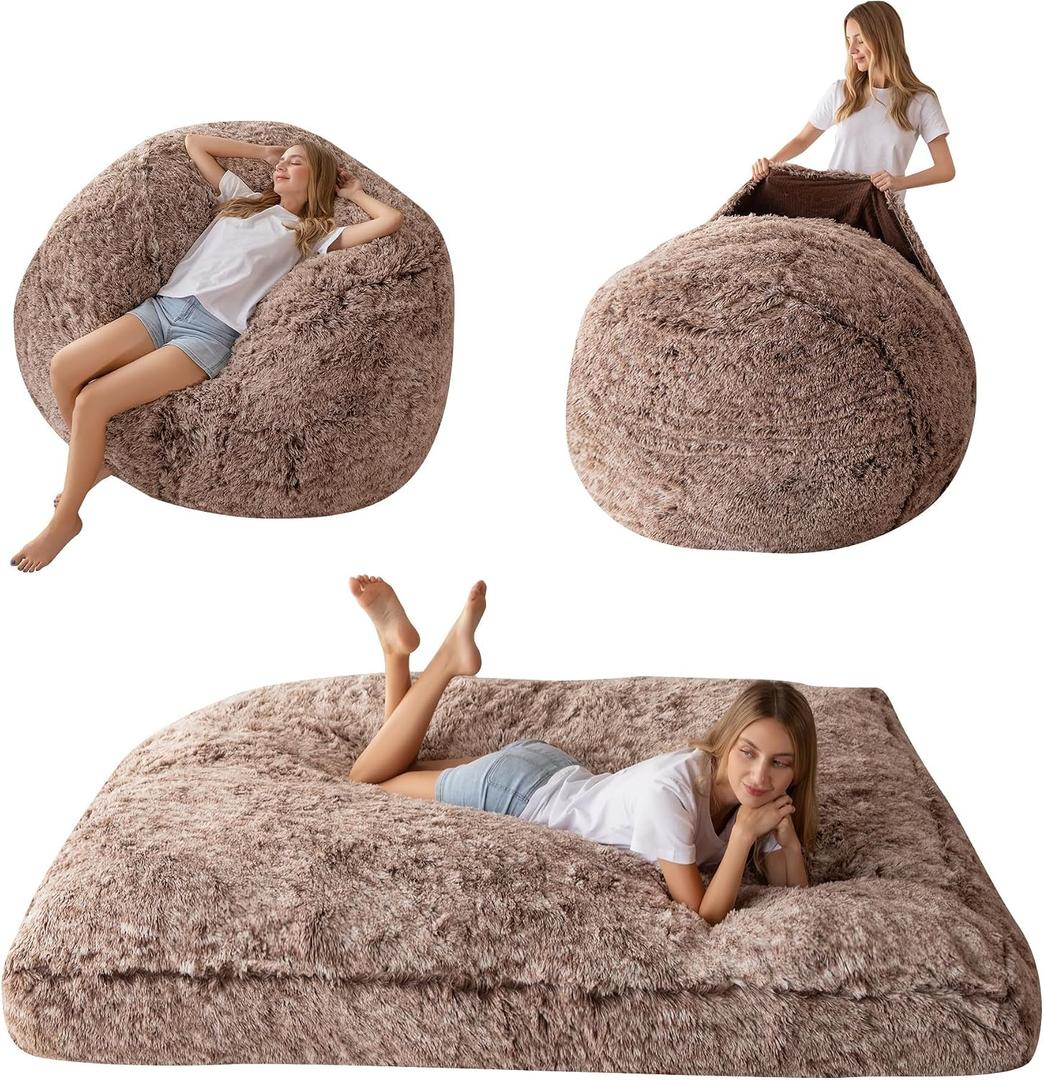 MAXYOYO Giant Bean Bag Chair Bed for Adults, Convertible Beanbag Folds from Lazy Chair to Floor Mattress Bed, Large Floor Sofa Couch, Big Sofa Bed, High-Density Foam Filling, Machine Washable, Queen