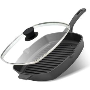 10.5 Inch Cast Iron Square Grill Pan with Tempered Glass Lid, Heavy Steak & Bacon Pans for Stove Tops