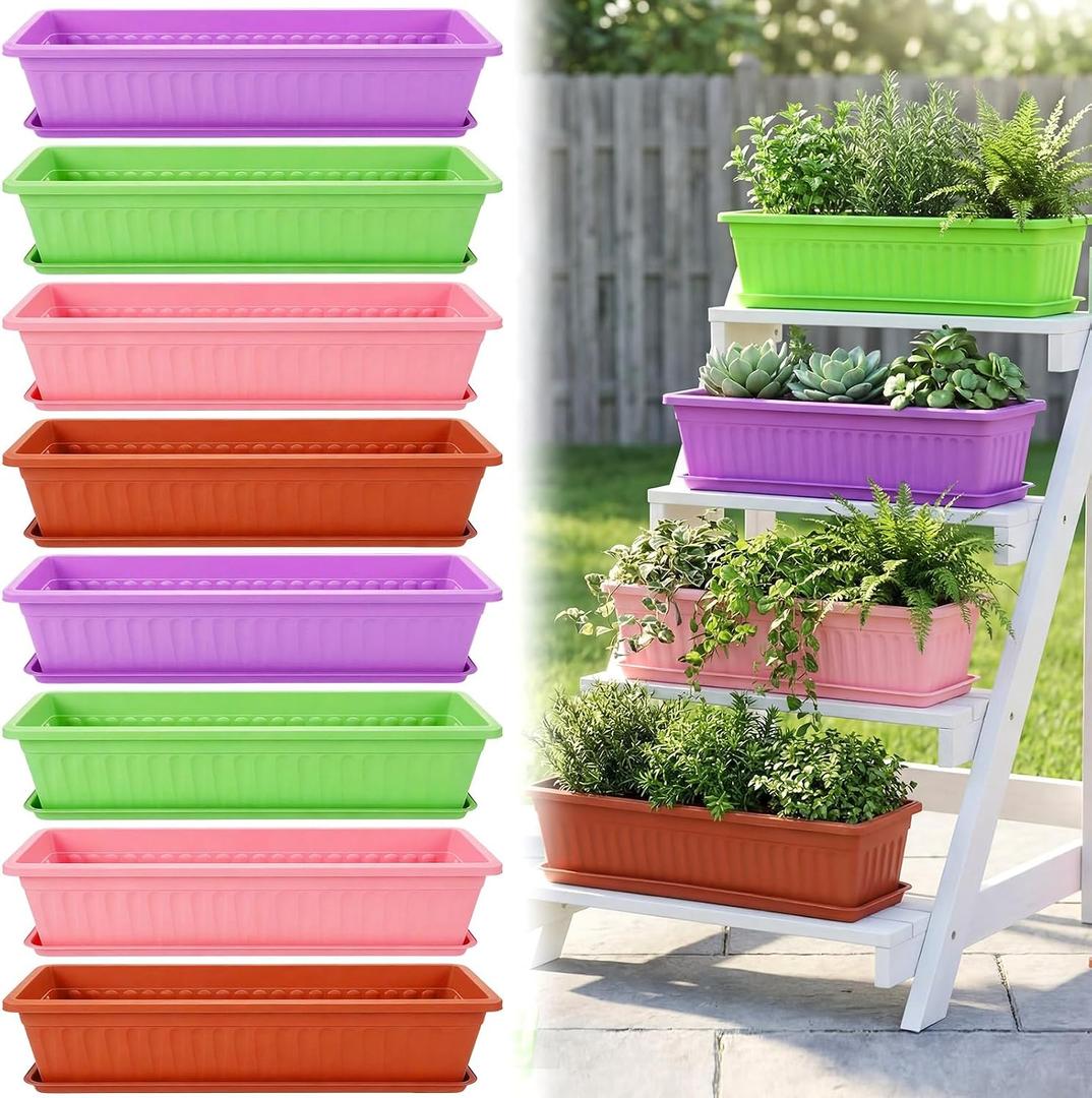 8 Pack 23 Inch Window Flower Box Outdoor, Extra Large Railing Planter Boxes Plastic Long Rectangle Planter Box with Drainage Trays for Patio Balcony Fence Windowsill Garden