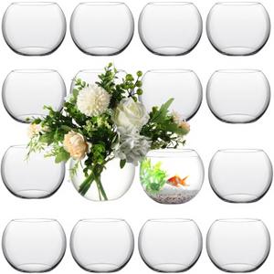 16 Pcs Glass Fish Bowl Round Vase for Centerpiece Bulk Clear Bubble Fish Bowl Decorations Flower with Water Gel Beads for Wedding Floral Floating Filler Home Decorations