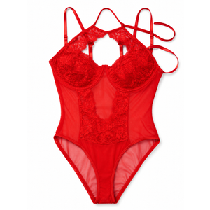 Girece Sexy Lingerie for Women Lace Lingerie Bodysuit Mesh Tummy Control Teddy Lingerie Halter Snap Crotch One Piece Lingerie Top with Underwire Bra Support (Wine Red,2XL)