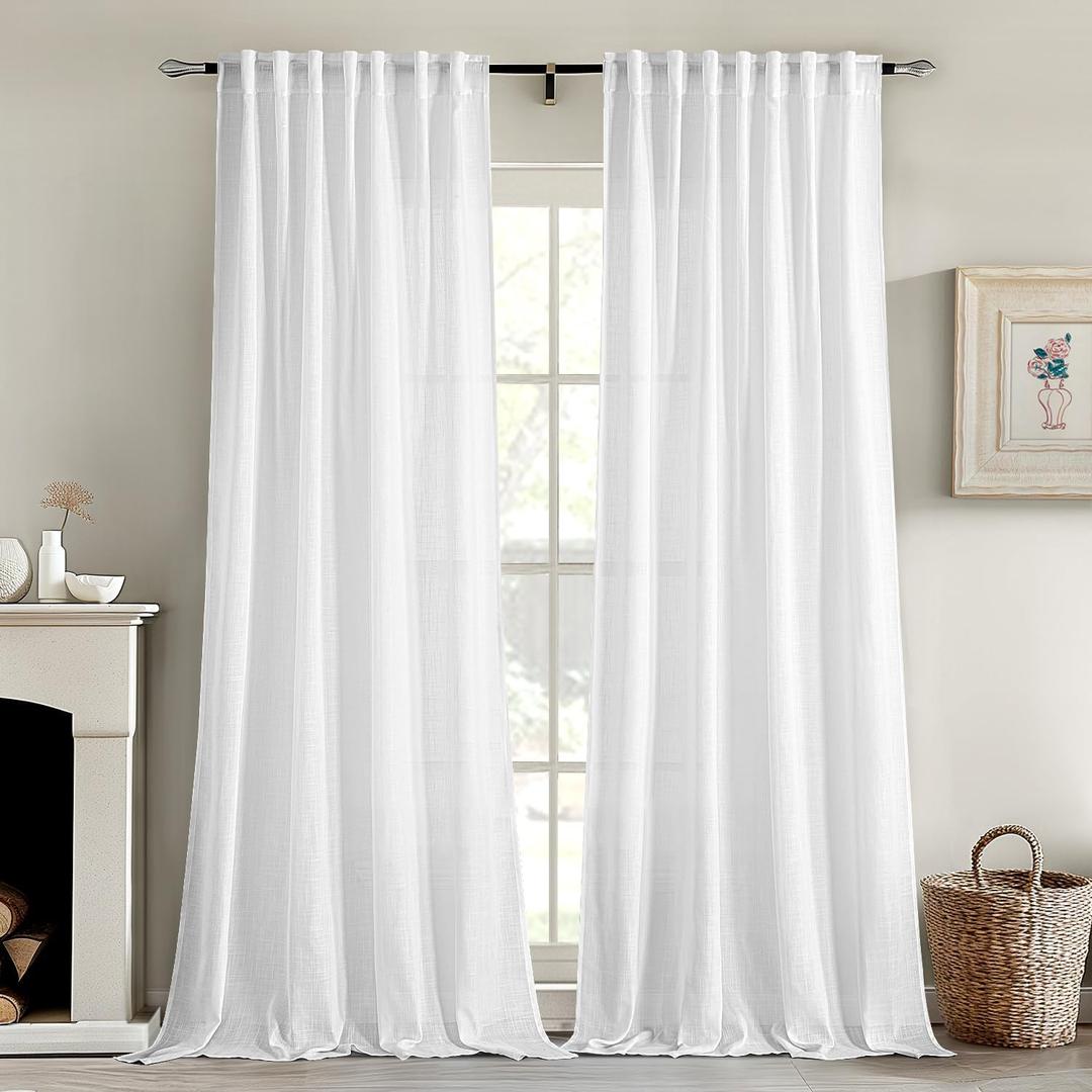 MIULEE White Linen Curtains 105 Inch Long 2 Panels for Bedroom Living Room, Soft Thick Linen Textured Back Tab Window Drapes Semi Sheer Light Filtering Rod Pocket Modern Farmhouse Decor