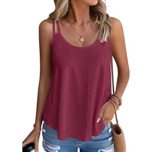 Eachrise Womens Tank Tops Summer Sleeveless Casual Spaghetti Strap Blouses Eyelet Embroidery Loose Fit Tunic Shirts.S