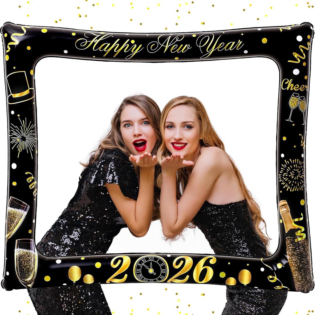 KatchOn, New Year Photo Booth Frame - 30 Inch | Inflatable New Years Photo Booth Props | New Years Eve Party Supplies 2026 | Nye Decorations 2026 | Happy New Year 2026 | Nye Party Supplies (Black and Gold)