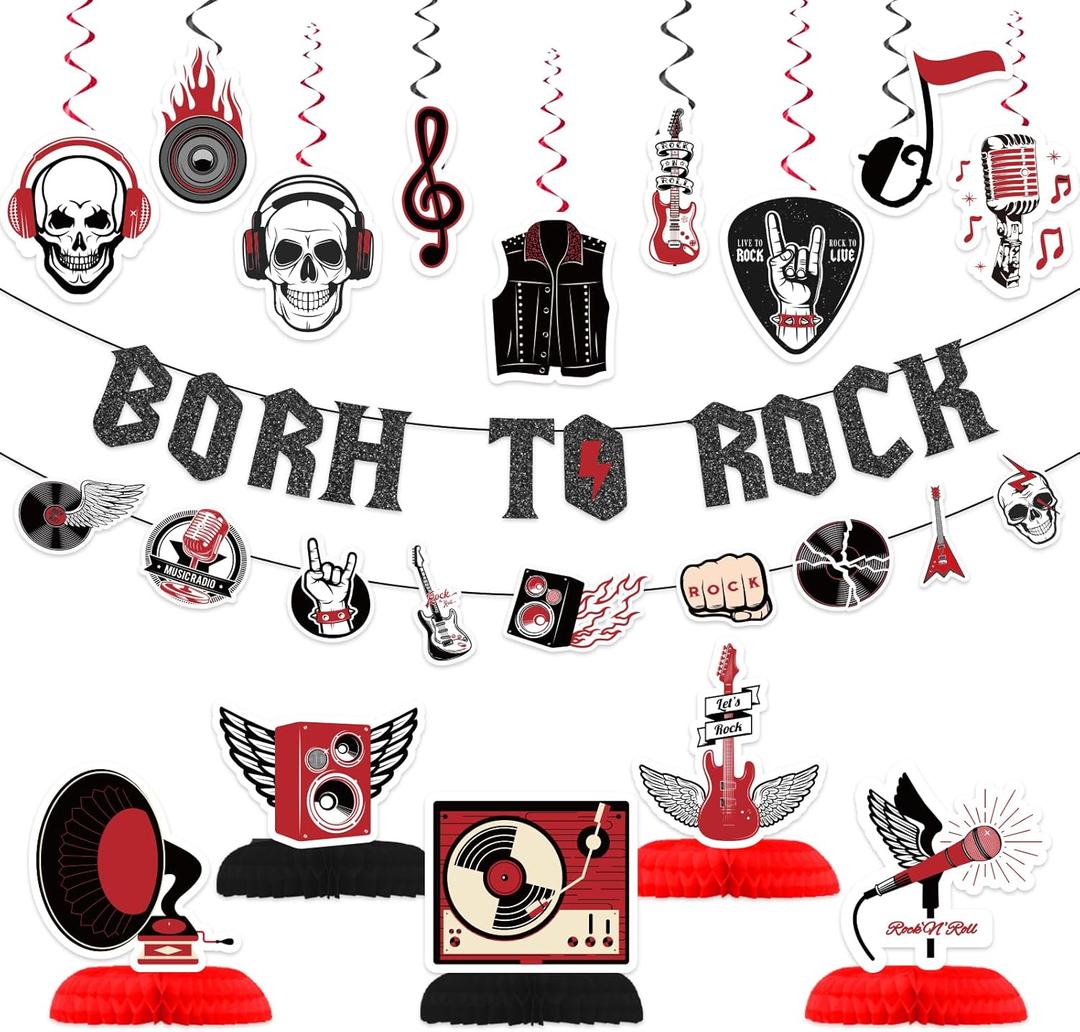Rock Party Decorations - Guitar Themed Banner, Spiral Cards, and Honeycomb Ornaments - Perfect for Karaoke, Birthday, and Rock and Roll Parties