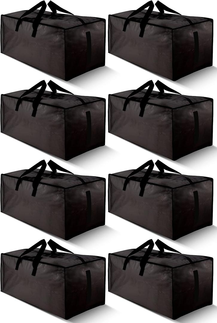 HOMESURE 8 Pack Large Strong Bags with Zippers & Carrying Handles - Water-Resistant - Heavy Duty Storage Tote for Space Saving, Fold Flat, Alternative to Moving Box (Black)