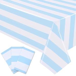 RuiYok 3 Packs Striped Tablecloths 54 x 108 Inch Light Blue and White Vertical Table Covers Disposable Waterproof Plastic Table Cloths for Birthday Party Baby Shower Decorations Outdoor Picnic