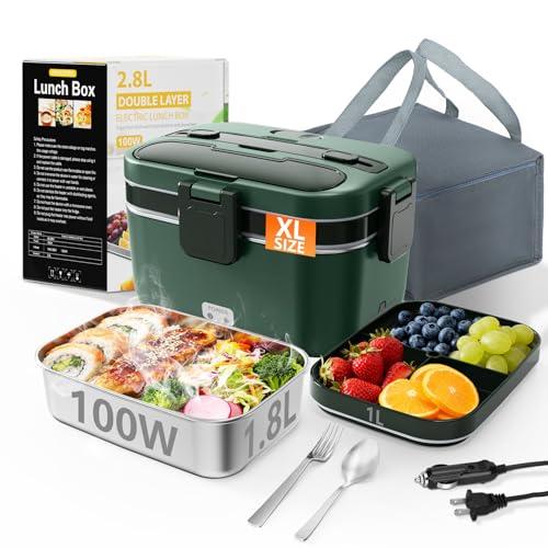 Electric Lunch Box for Adults, 2.8L Double Layer 100W Fast Heated Lunch Box, Heating Food Heater Warmer for Home Office Car Truck Use, Extra Large Lonchera Electrica Portátil 12/24V/110-230V, Green