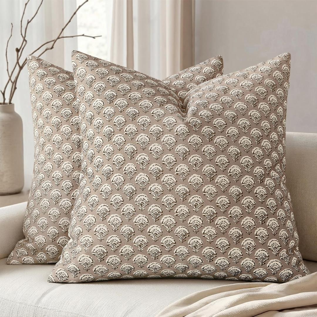 MIULEE Set of 2 Decorative Floral Pillow Covers Neutral Vintage Throw Pillows Block Print Boho Farmhouse Cushion Covers for Modern Spring Home Decor Couch Sofa Bed Living Room, 24x24 Inch, Light Taupe