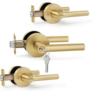 Brushed Gold Entry Door Handle with Keys, Round Design Heavy Duty Door Lever, 3 Pack Wholesale Keyed-NOT-Alike Reversible for Left/Right Handed for Entrance and Front Door, Satin Brass