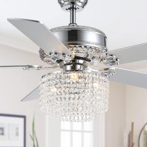 Moooni 52 Inch Modern Reversible Chandelier Fan with Lights and Remote, Elegant Crystal Fandelier Ceiling Light KIt for Bedroom Dining Room Silver (Chrome)